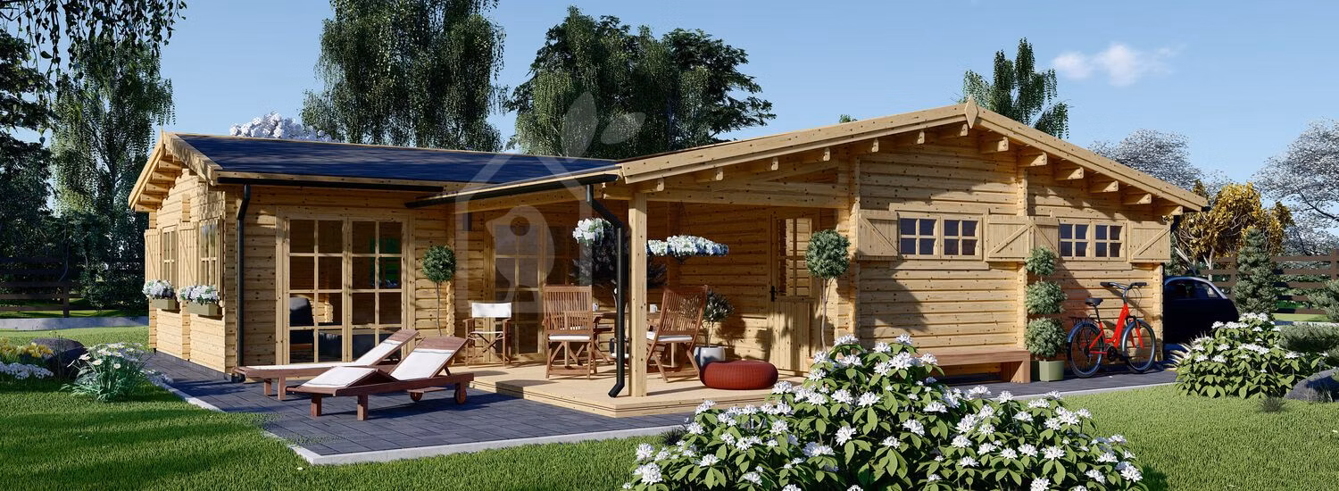 Holzhaus mit Terrasse BERTA (44+44 mm), 72 m² + 20 m² Garage