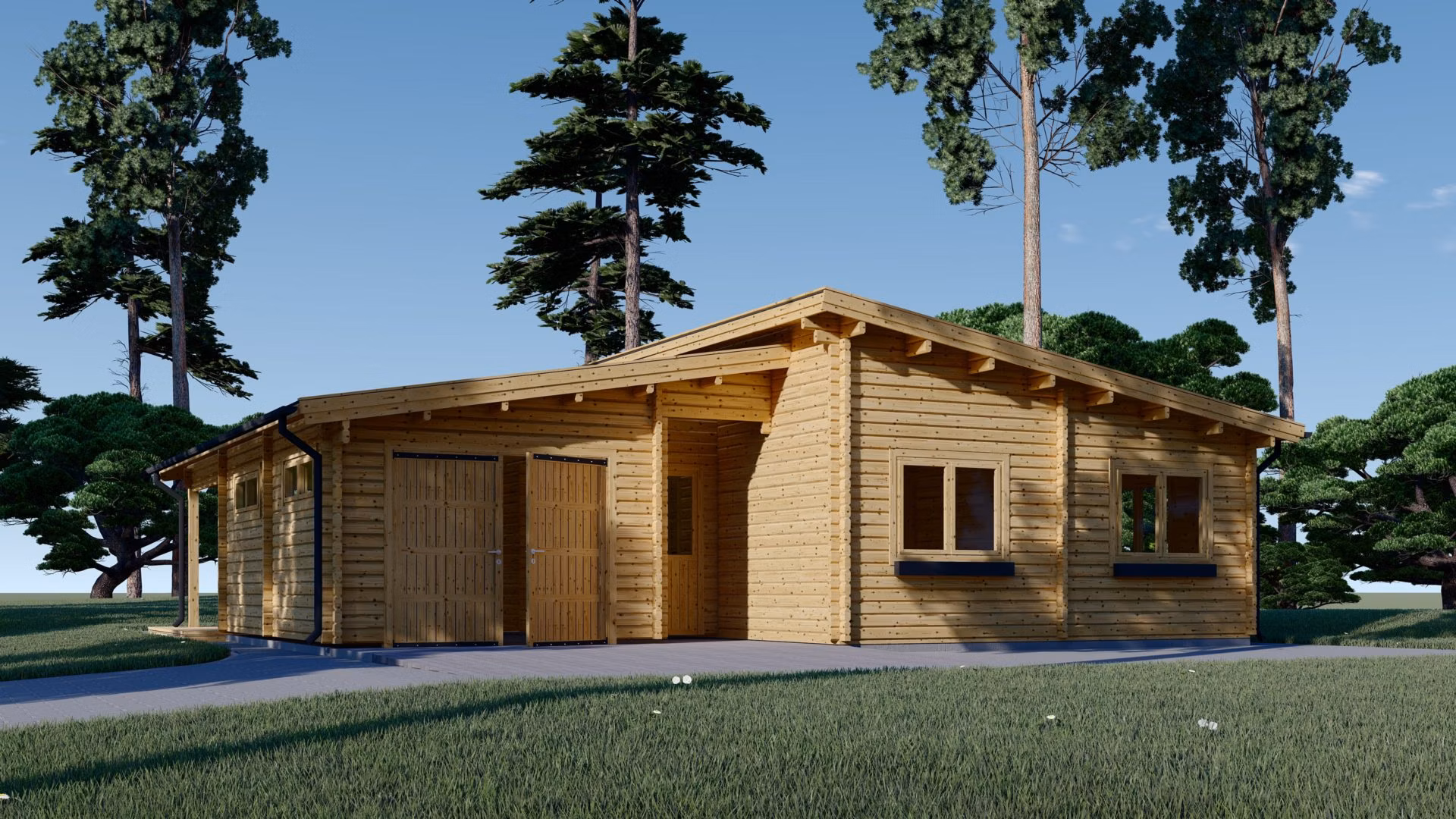 Drevená chata BERTA TP s plochou strechou (44+44 mm), 72 m² s terasou + 20 m² garáž