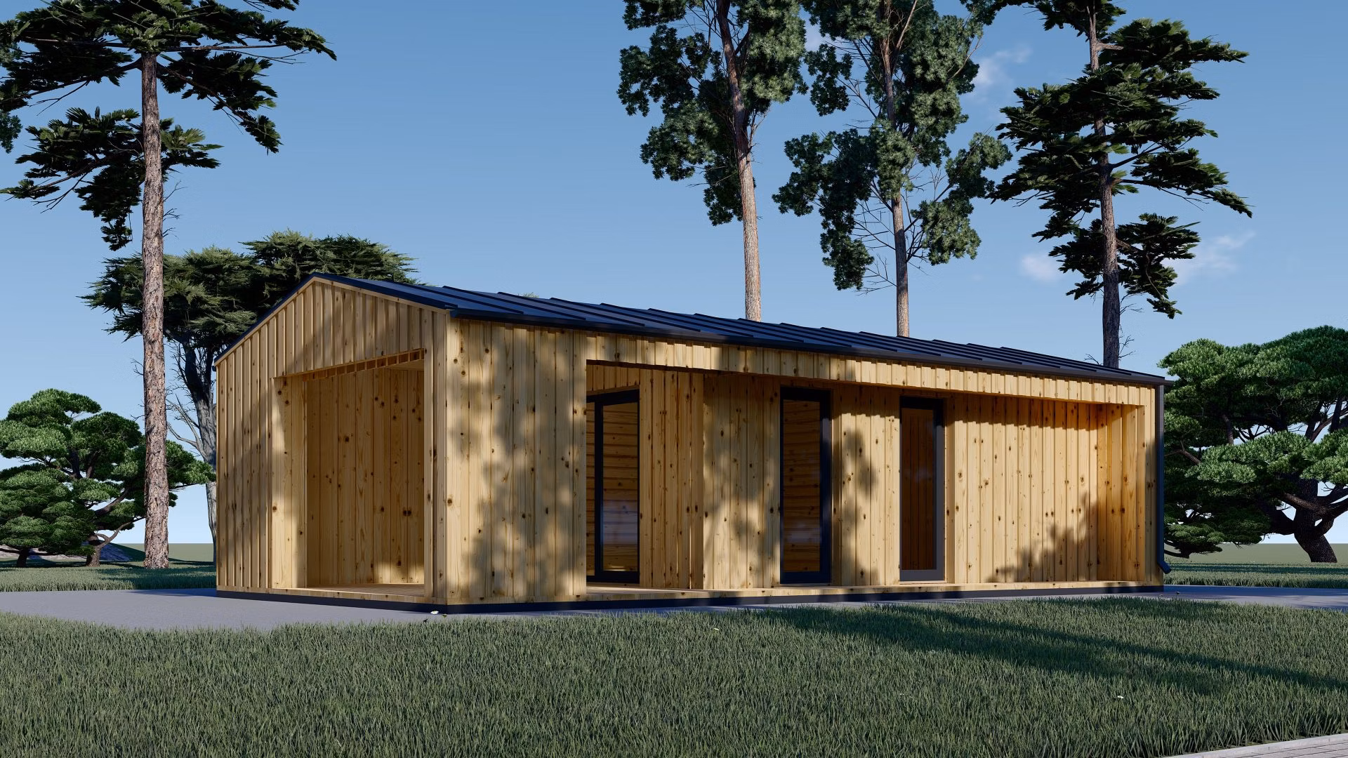 Drevený záhradný domček s terasou ANNA Scandinavia 7,5m x 5m (44 mm + obklad), 20 m² + 16 m²