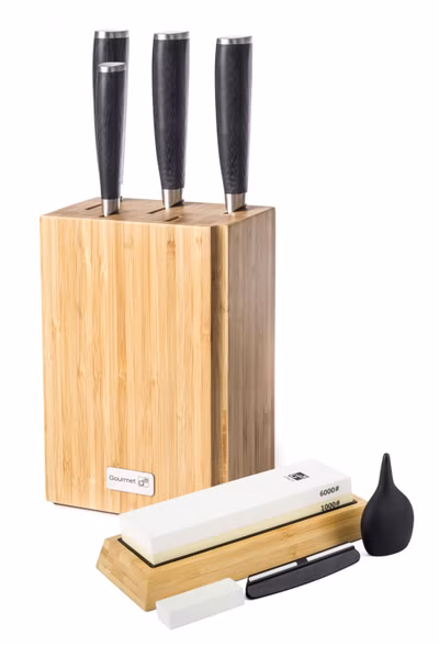 Sada nožov G21 Damascus Premium v bambusovom bloku, 4 ks + brúsny kameň