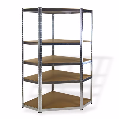 Bezskrutkový rohový regál 5P 175 kg 180x90x90 cm