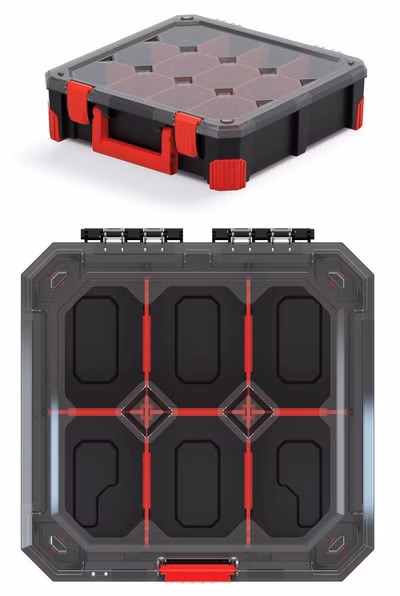 Organizér TITAN - 6 priehradiek (prepážky), 280x280x110 mm - priehľadné veko