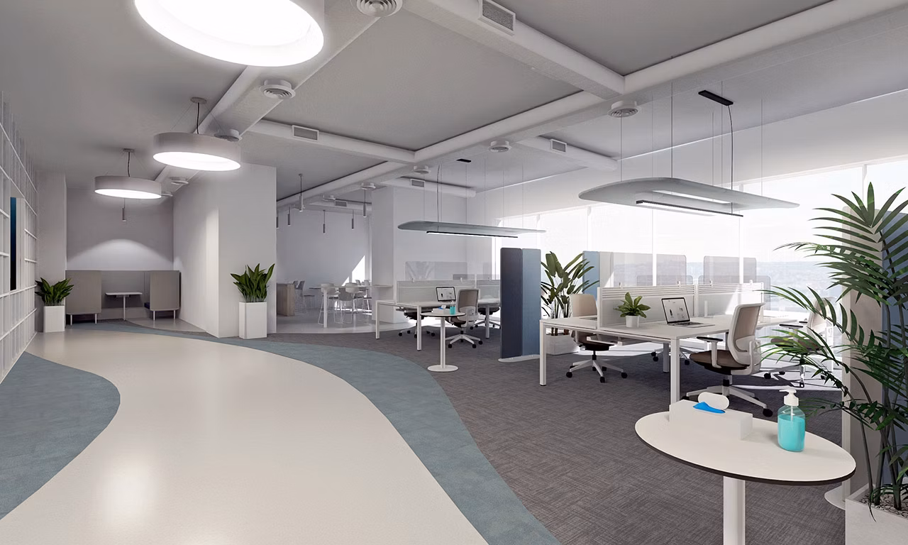 svetly open office na vizualizacii s ochrannymi krycimi panelmi 