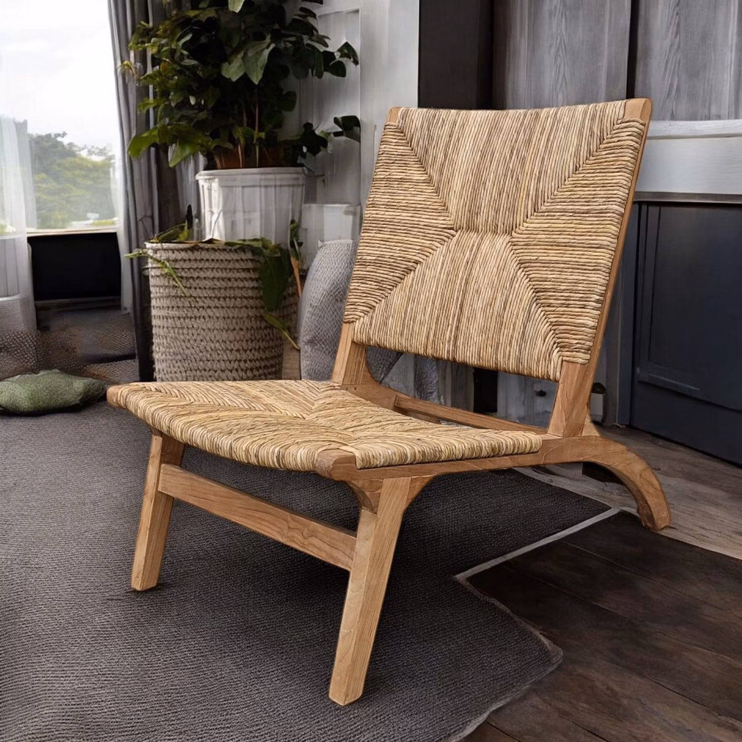 Teakové kreslo s výpletom z vodného hyacintu-INDOOR