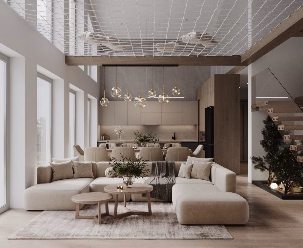 Útulný interiér dennej časti modernej chaty