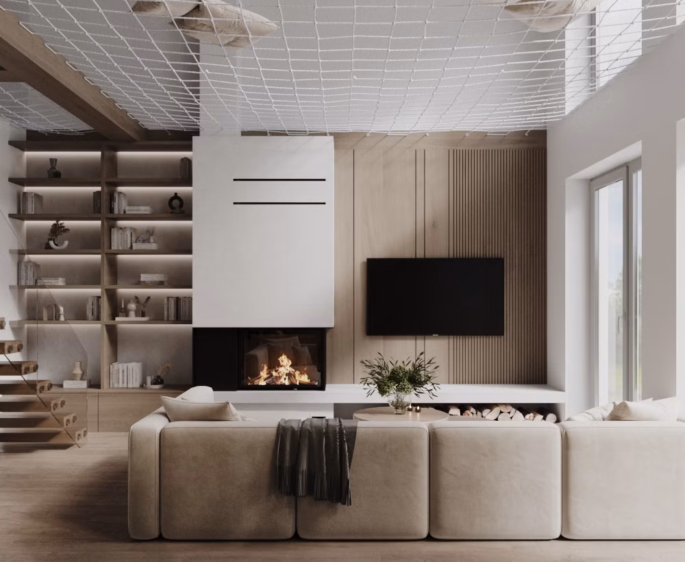 Útulný interiér dennej časti modernej chaty