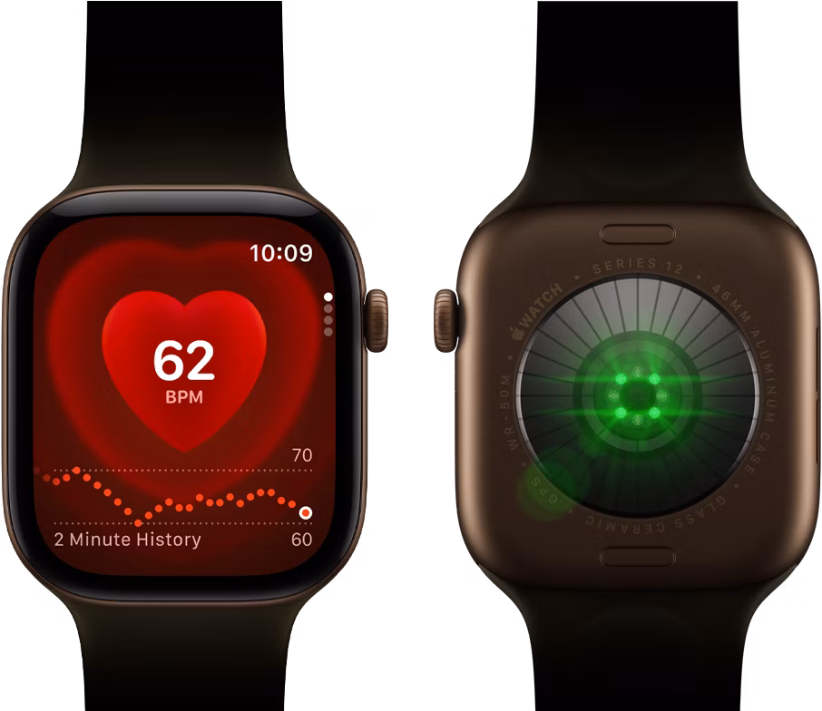 Dvoje Apple Watch Series 12, pouzdro z tmavě bronzového hliníku s olivovým sportovním řemínkem, na jedněch aplikace Srdeční tep, na druhých na zadní straně systém sledování zdraví se svítícími zelenými LED diodami