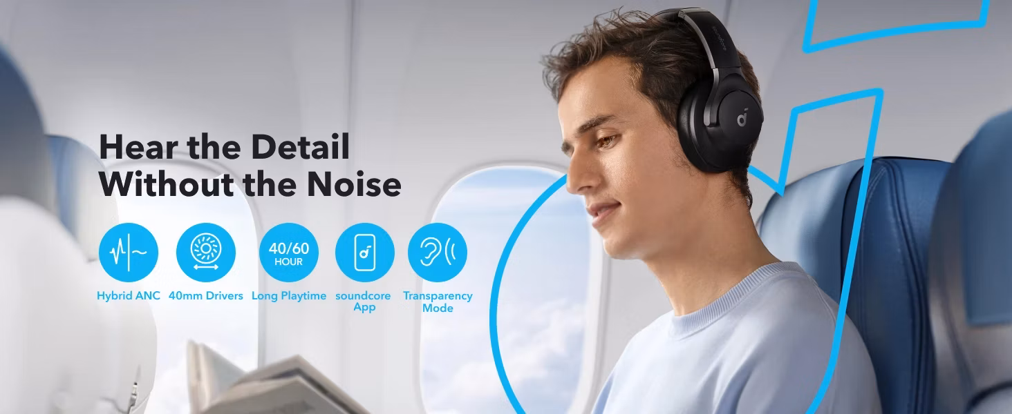 Muž v letadle se sluchátky Soundcore Q20i; hlavní vlastnosti produktu: hybridní ANC, 40mm měniče, výdrž baterie, Soundcore app, Transparency mód
