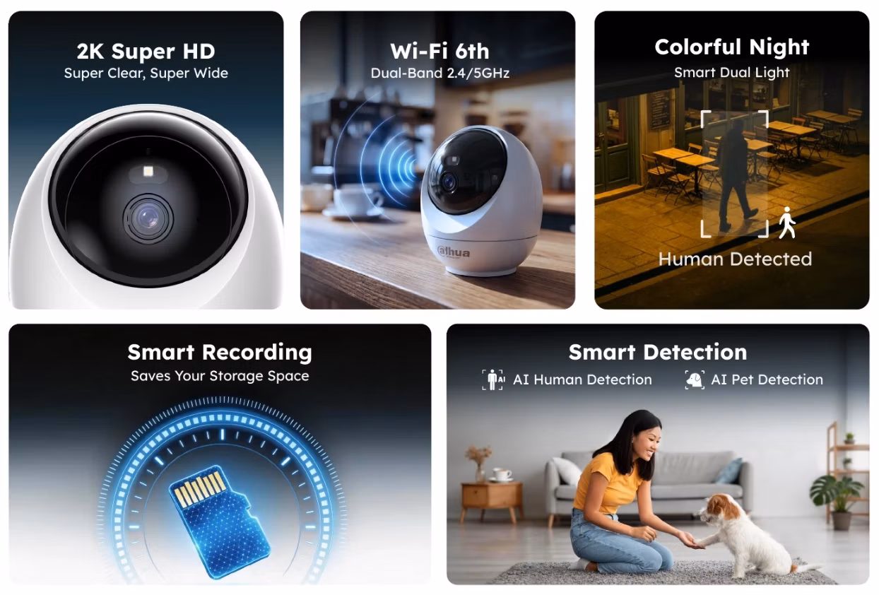 Hlavní vlastnosti produktu: Wi-Fi 6, Smart Dual Light, microSD slot, AI detekce lidí a zvířat