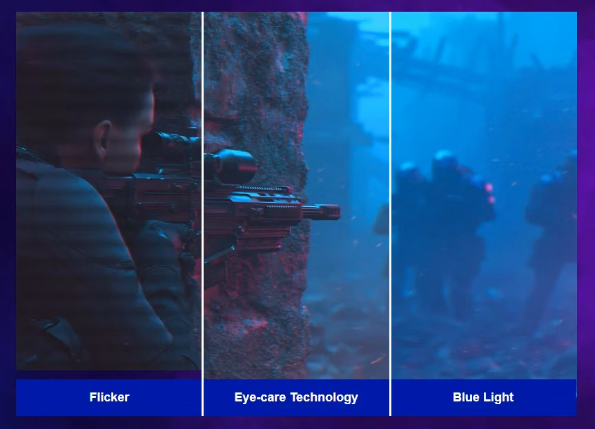 Ukázka funkcí pro ochranu očí: eliminace blikání (Flicker), Eye-care technologie a redukce modrého světla (Blue Light)